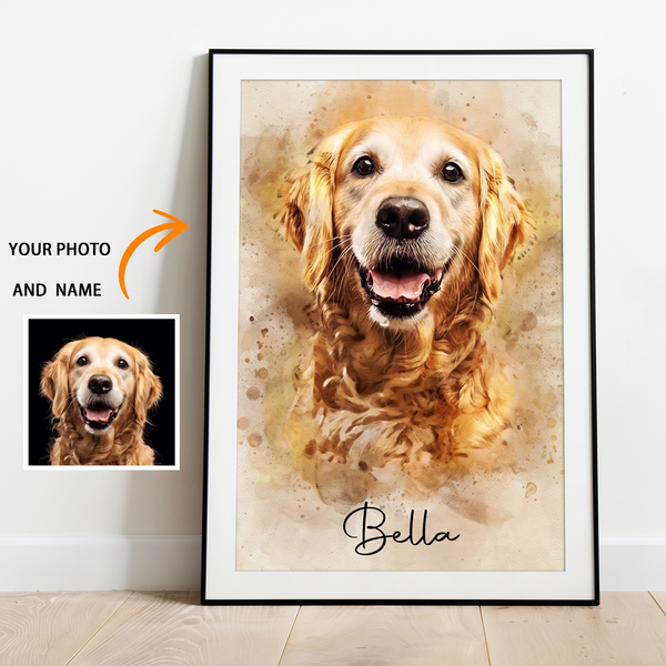Golden watercolor-style pet portrait example