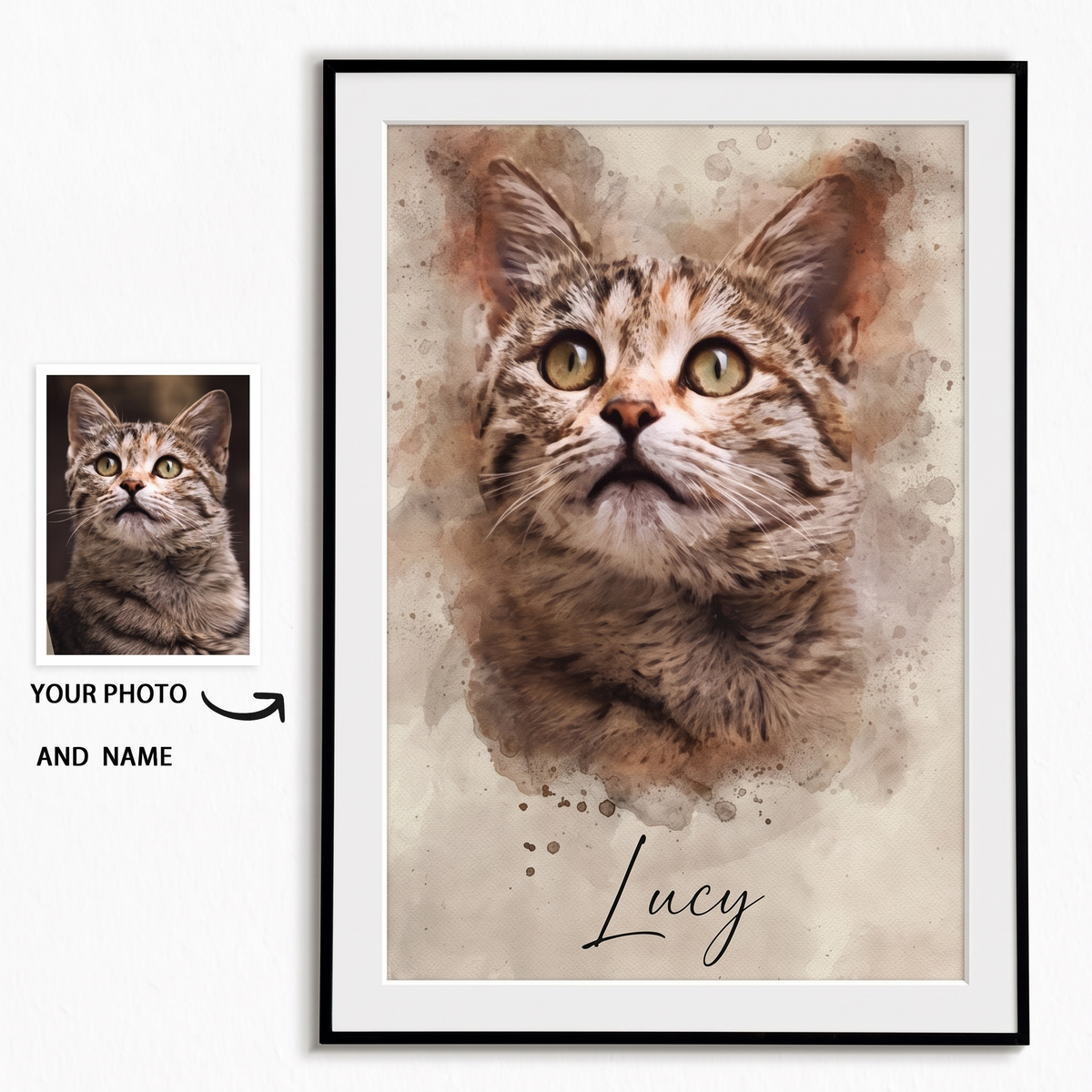 Sepia watercolor-style pet portrait print, framed with a white mat