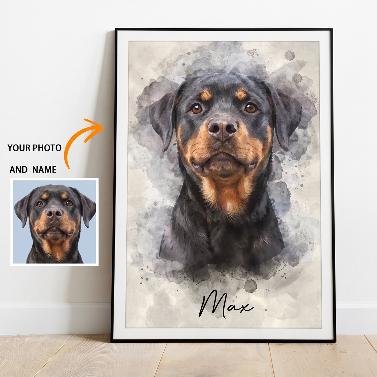 Slate watercolor-style pet portrait print, framed with a white mat