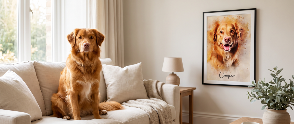 A golden retriever on a sofa beside a framed watercolor-style portrait of the same dog