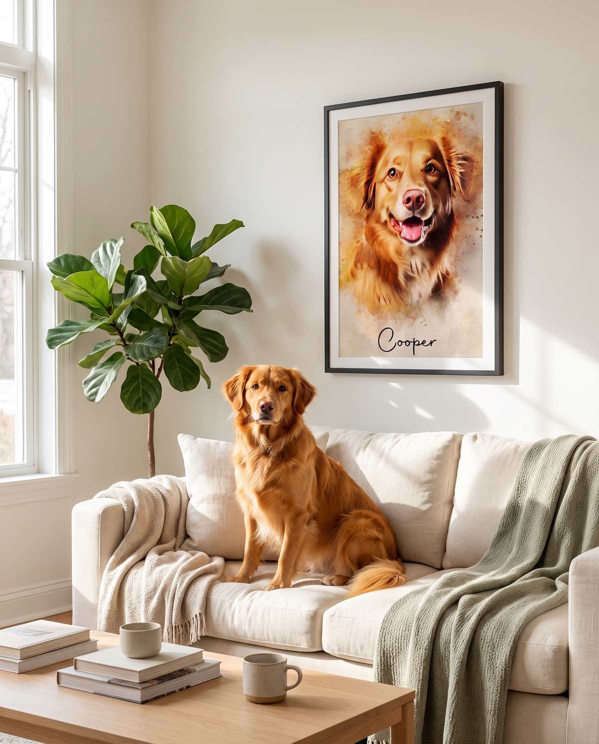 A golden retriever on a sofa beneath a framed watercolor-style portrait of the same dog